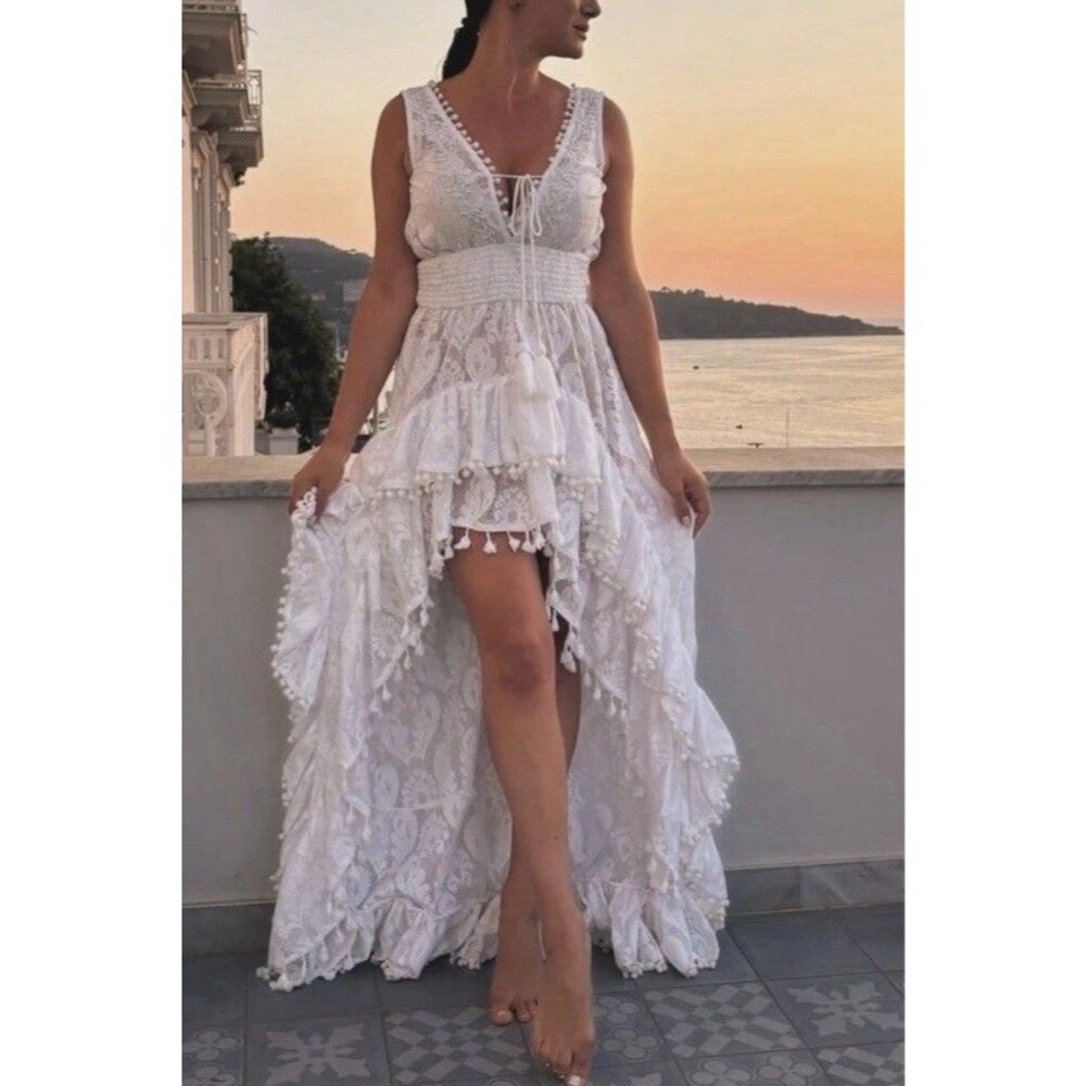 Antica Sartoria Sequins Long Back Short Dress White 100% Cotton  SZ OS